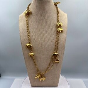 Vintage Gold Tone Elephant Station Necklace Multi-Charm Layering Long Chain